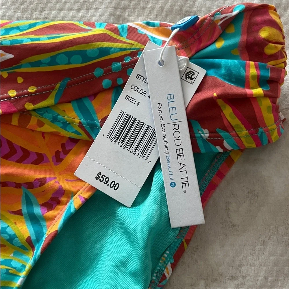Bleu Rod Beattie Tropical Floral Bikini Bottom in Coral, Turquoise & Yellow Sz 4